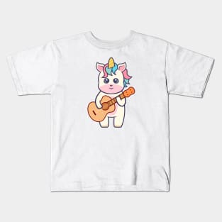 Kawaii Unicorn Playing Acoustic Guitar Cartoon Kids T-Shirt